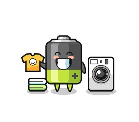 Mascot cartoon of battery with washing machine