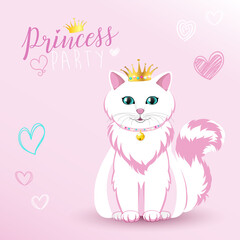 Cute white kitty princess. Vector Birthday party invitation.