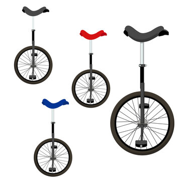 Set of unicycle bike with black, red, blue sit coloured with and without stroke outline