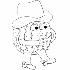 Cute cartoon character Cactus Cowboy. Draw illustration in black and white