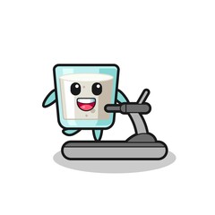 milk cartoon character walking on the treadmill