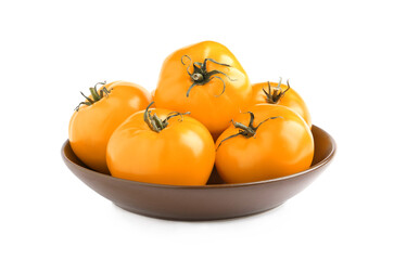 Bowl of fresh ripe yellow tomatoes isolated on white