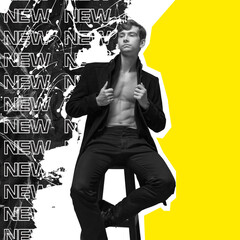 Fashion and style. One bw bare-chested male fashion model sits on barstool in coat over black and yellow background