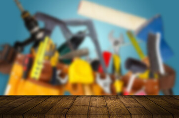 Light brown Wooden board empty table on front with Blurry layout tools of technician about wrench on white wooden board. Repair equipment and many handy tools. Repair tool kit in garage. copy space.