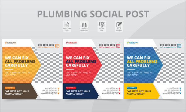 Premium Plumber Social Media Post Colorful Shapes Template. Modern Professional Plumbing Social Square Banner Layouts with Photo College for The Personal Blog Digital Marketing.