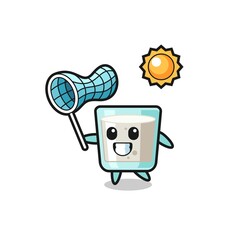 milk mascot illustration is catching butterfly