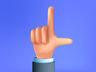 Hand in L for loser gesture. Hand sign in cartoon 3d style.