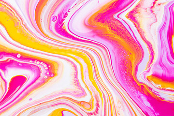 Fluid art texture. Backdrop with abstract mixing paint effect. Liquid acrylic artwork that flows and splashes. Mixed paints for interior poster. Pink, yellow and white overflowing colors.