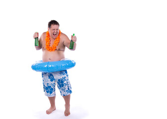 Cheerful fat man with a rubber ring. Happy man on vacation. Isolated white background.