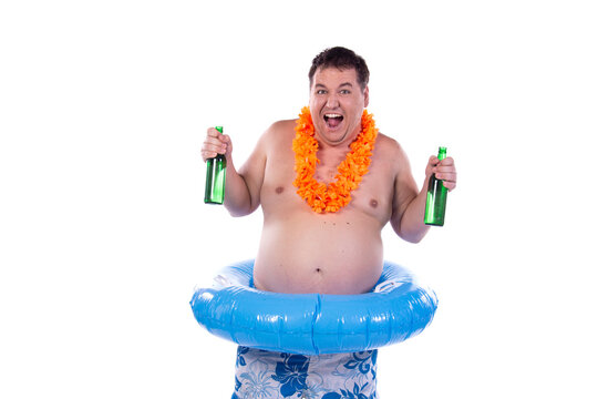 Cheerful fat man with a rubber ring. Happy man on vacation. Isolated white background.