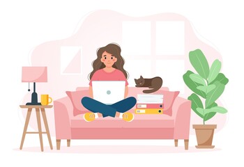 Home office concept, woman on a sofa working, student or freelancer. Cute vector illustration in flat style