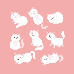 Cat set in different poses. Cute white cat character in cartoon style, vector illustration