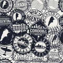Cordoba, Argentina Stamps Background. A City Stamp Vector Art. Set of Postal Passport Travel. Design Set Pattern.