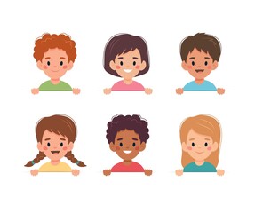 Children set, little boys and girls of different nationalities holding a white banner. Vector illustration in cartoon style © Biscotto Design