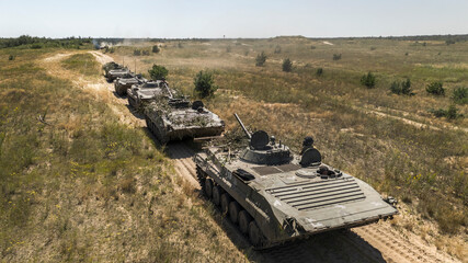 Military equipment. Tanks. Pikhote. Polygon. Shooting. Army, Military. 4K aerial photography.