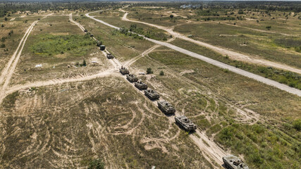 Military equipment. Tanks. Pikhote. Polygon. Shooting. Army, Military. 4K aerial photography.
