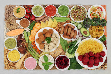 Large vegan health food collection for ethical eating, high in antioxidants, protein, omega 3, dietary fibre, anthocyanins, smart carbs, vitamins, minerals, lycopene. Natural health care concept.