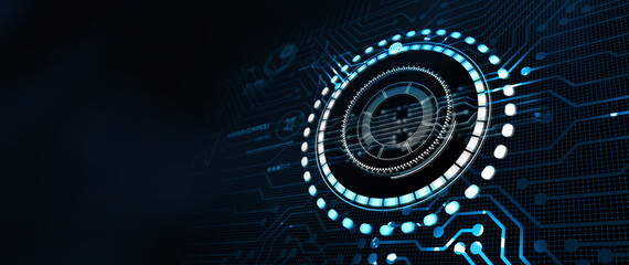 Business, technology, internet and virtual reality concept - button on virtual screen. 3D illustration.