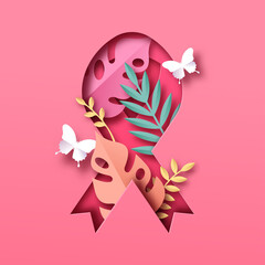 Breast cancer pink leaf ribbon paper cut isolated