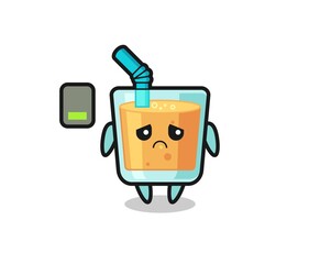 orange juice mascot character doing a tired gesture