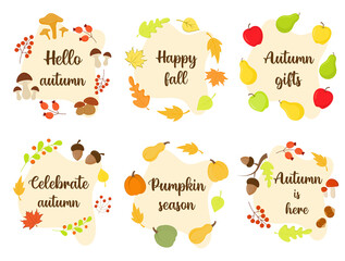 Autumn hand drawn lettering vector set. Fall season handwritten slogan stickers pack. Autumn phrases with cute and cozy design elements decorative bundle. Fall inscription collection isolated on white