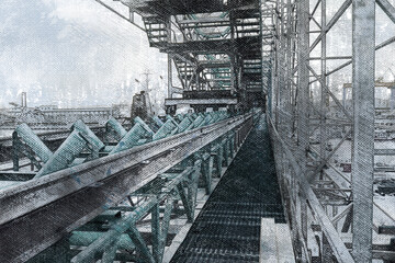 Digital watercolor painting. Modern Art. Industry. Conveyor line