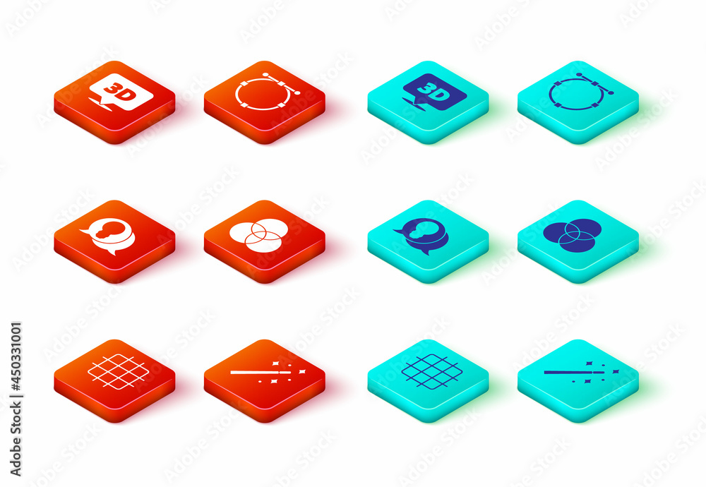 Aufkleber set grid graph paper, magic wand, light bulb with concept of idea, rgb cmyk color mixing, circle bez