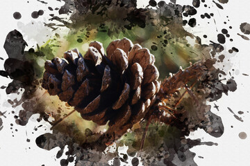 Brown cone on a dry pine branch. Dry pine cone close-up. Digital