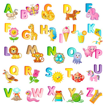 Poster with capital letters of the English alphabet, cute cartoon animals and things. For kindergarten and preschool education. Cards for learning English