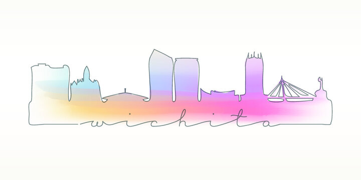 Wichita, KS, USA Skyline Watercolor City Illustration. Famous Buildings Silhouette Hand Drawn Doodle Art. Vector Landmark Sketch Drawing.