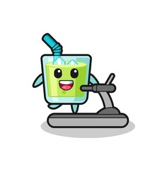 melon juice cartoon character walking on the treadmill