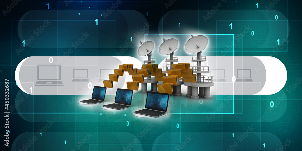 Poster 3d rendering computer folder network with satellite