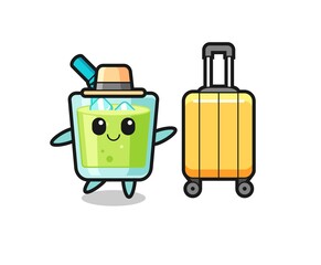 melon juice cartoon illustration with luggage on vacation