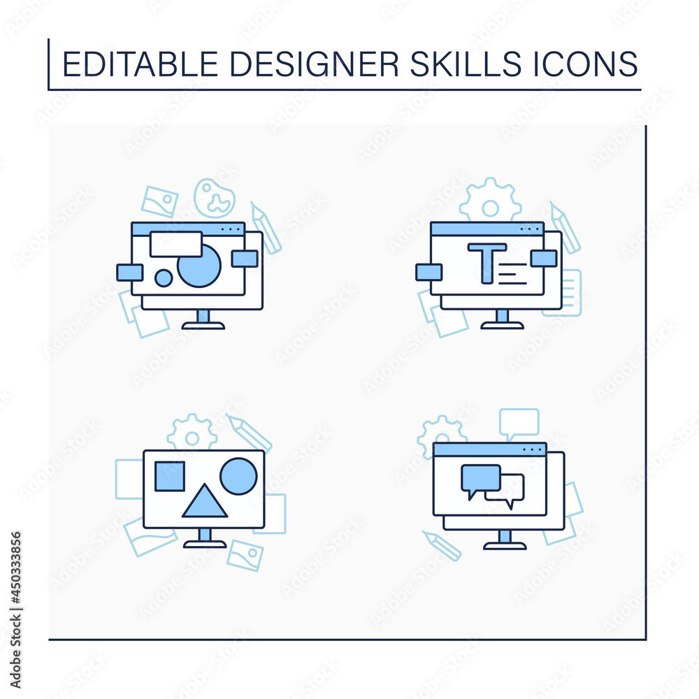 Poster designer skills line icons set. create new projects, exchange, generate ideas.typography, ui design,