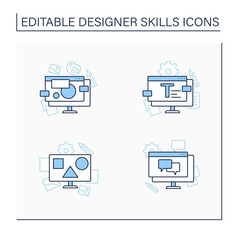 Fototapeta na wymiar Designer skills line icons set. Create new projects, exchange, generate ideas.Typography, UI design, composition,communication. Design concept. Isolated vector illustration. Editable stroke