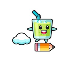 melon juice mascot illustration riding on a giant pencil