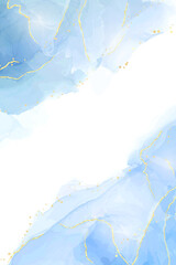 Abstract turquoise and teal blue liquid marbled watercolor background with wave pattern and golden cracks. Cyan alcohol ink marbled drawing effect. Vector illustration design template for invitation