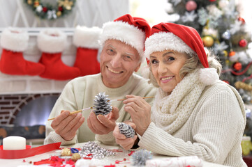 Happy senior couple in Santa hats preparing for Christmas or New Year looking at the camera