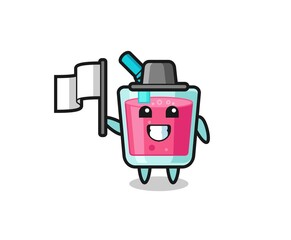 Cartoon character of strawberry juice holding a flag