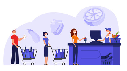 Vector. Shoppers, people in medical masks, queuing in a supermarket with goods in carts, paying for purchases at the checkout with a woman cashier. Concept illustration for a grocery store. Violet.