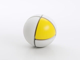Sliced spherical object with yellow sector, 3d
