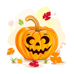 Halloween pumpkin on an autumn background with yellow and red leaves. Vector illustration of Halloween background in cartoon style for poster, card or flyer.