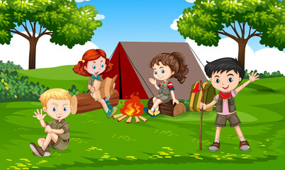 Obraz na płótnie Canvas Kids summer camping concept Group of teens, In Day time cute children at summer forest campsite enjoying Bonefire Flate Graphics