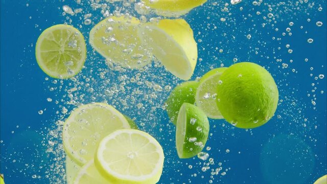 Close-up of falling ripe limes and lemons into sparkling water on blue background, making a cocktail of citrus fruits, drinking cold lemonade, shooting of carbonated water with floating sliced fruits.