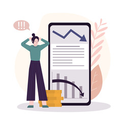 Trader losing profits. Economic financial crisis and business failure. App for statistics on phone screen. Bankruptcy and fall chart