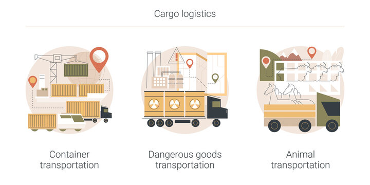 Cargo logistics abstract concept vector illustration set. Container transportation, transport of dangerous goods and animals, ship loading, hazard classes, slaughterhouse abstract metaphor.