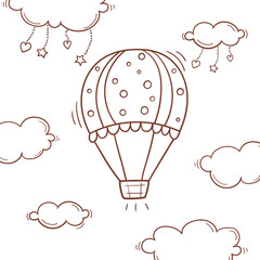 Hot air balloon in sky with clouds and hearts and stars in doodle style