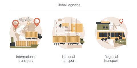 Obraz premium Global logistics abstract concept vector illustration set. International transport, national and regional transport, air cargo, container sheep, car driver, ticket office abstract metaphor.