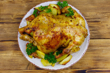 Baked whole chicken with potato on a wooden table. Top view