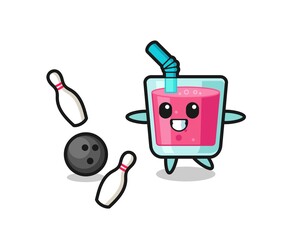Character cartoon of strawberry juice is playing bowling